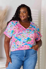 Double Take Floral V-Neck Short Sleeve Blouse Fuchsia Pink Women's T-Shirts - Tophatter Daily Deals