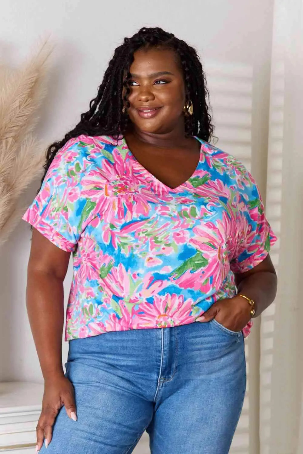 Double Take Floral V-Neck Short Sleeve Blouse Fuchsia Pink Women's T-Shirts - Tophatter Daily Deals