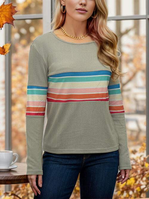 Striped Round Neck Long Sleeve T-Shirt Sage Women's T-Shirts - Tophatter Daily Deals