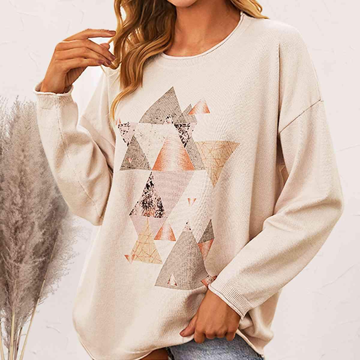 Geometric Graphic Dropped Shoulder Top Ivory Blouses - Tophatter Daily Deals