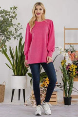Celeste Full Size Striped Round Neck Lantern Sleeve Top Blouses - Tophatter Daily Deals