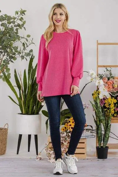 Celeste Full Size Striped Round Neck Lantern Sleeve Top Blouses - Tophatter Daily Deals
