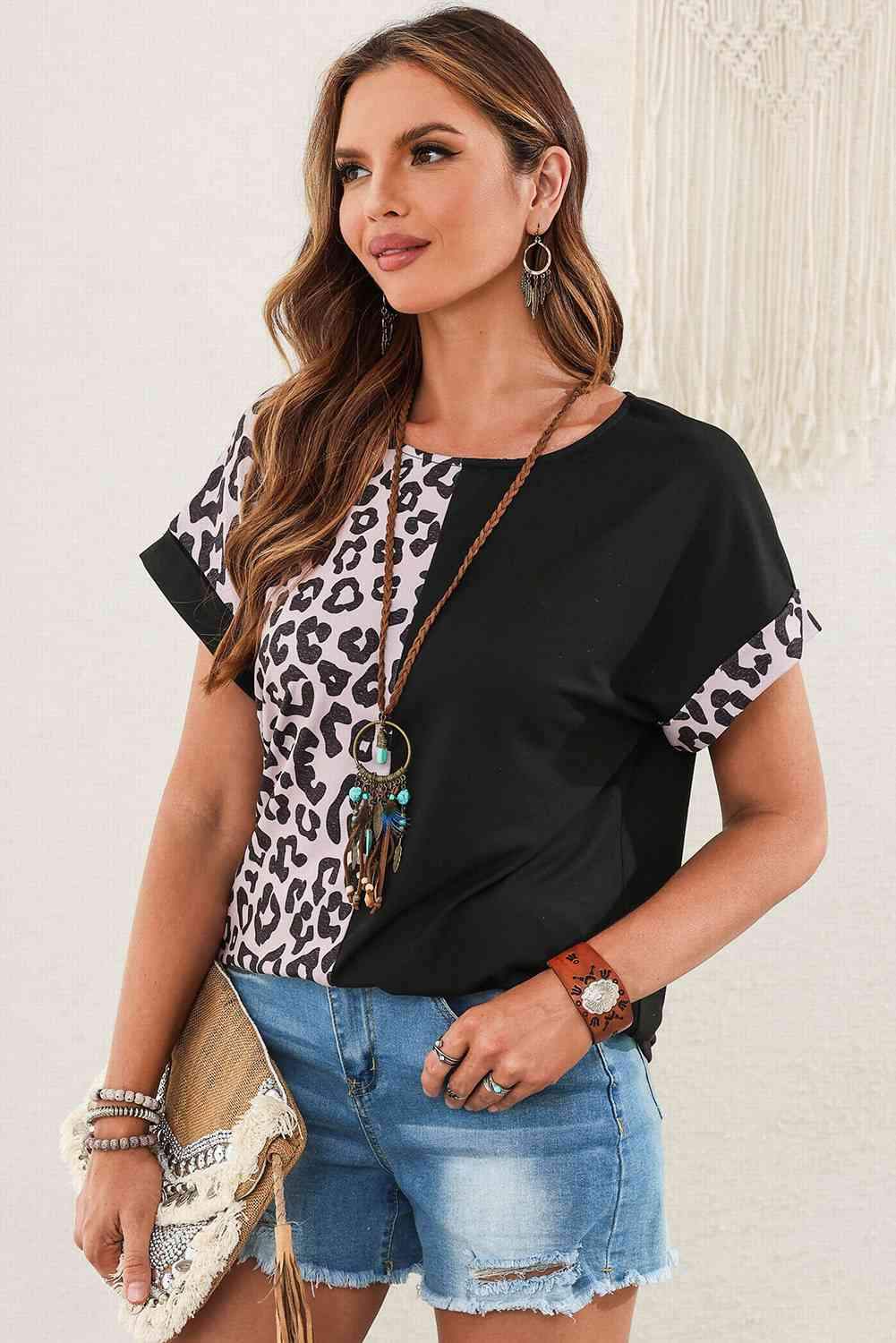 Leopard Two-Tone Round Neck Tee Women's T-Shirts - Tophatter Daily Deals