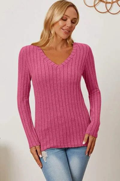 Basic Bae Full Size Ribbed V-Neck Long Sleeve T-Shirt Hot Pink Women's T-Shirts - Tophatter Daily Deals
