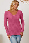 Basic Bae Full Size Ribbed V-Neck Long Sleeve T-Shirt Hot Pink Women's T-Shirts - Tophatter Daily Deals