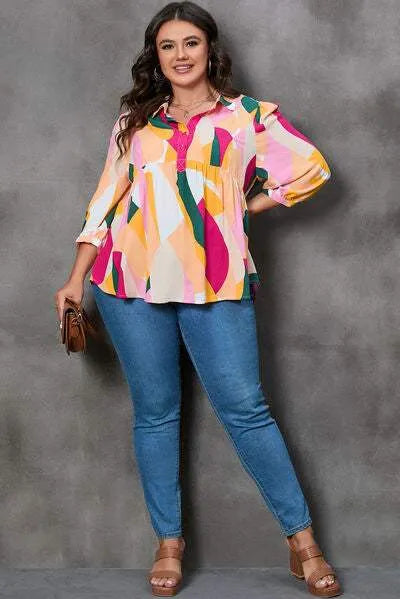 Plus Size Printed Collared Neck Half Button Top Blouses - Tophatter Daily Deals