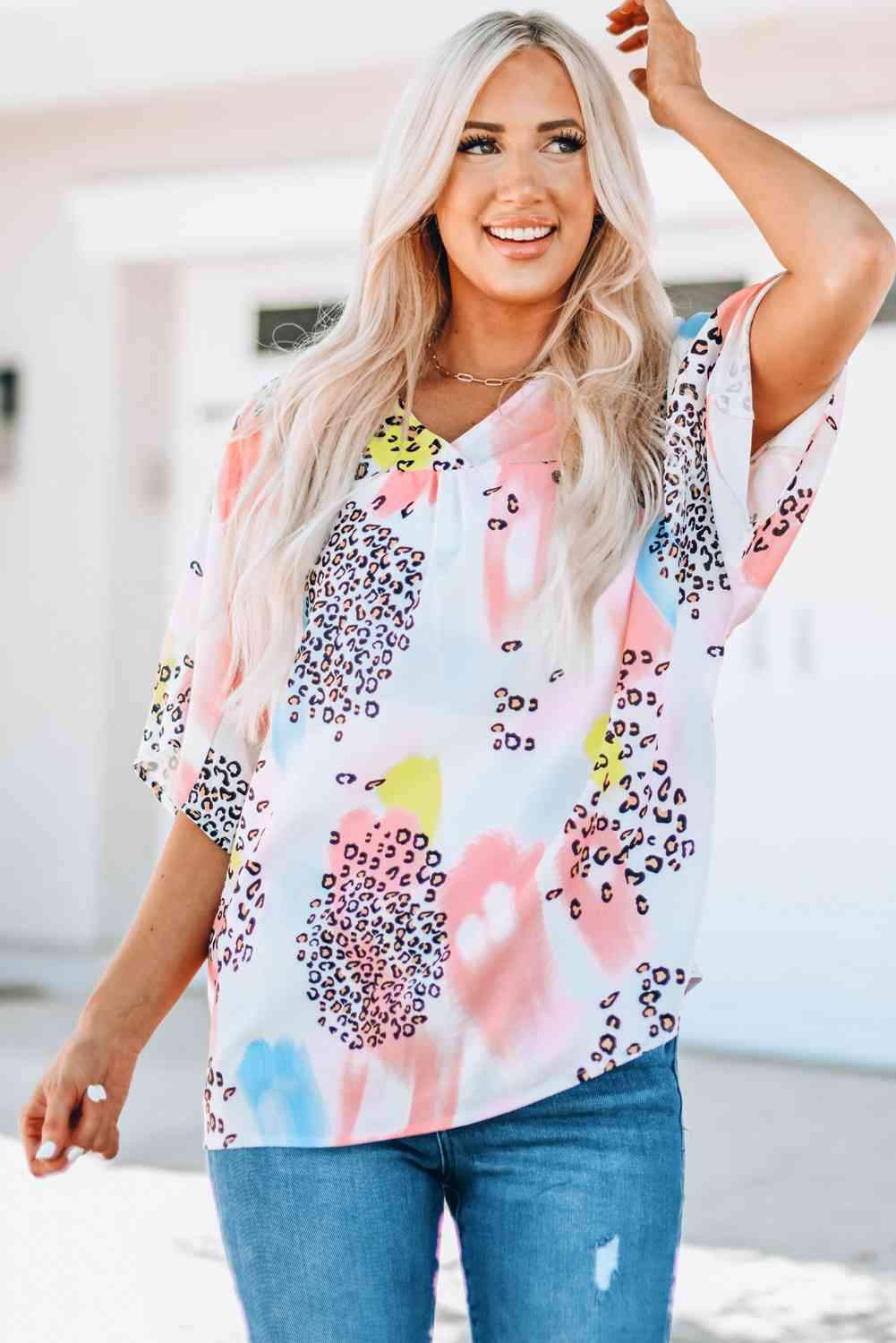 Mixed Print V-Neck Half Sleeve Top Blouses - Tophatter Daily Deals