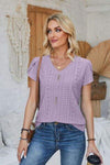 Decorative Button Eyelet V-Neck Short Sleeve T-Shirt Women's T-Shirts - Tophatter Daily Deals