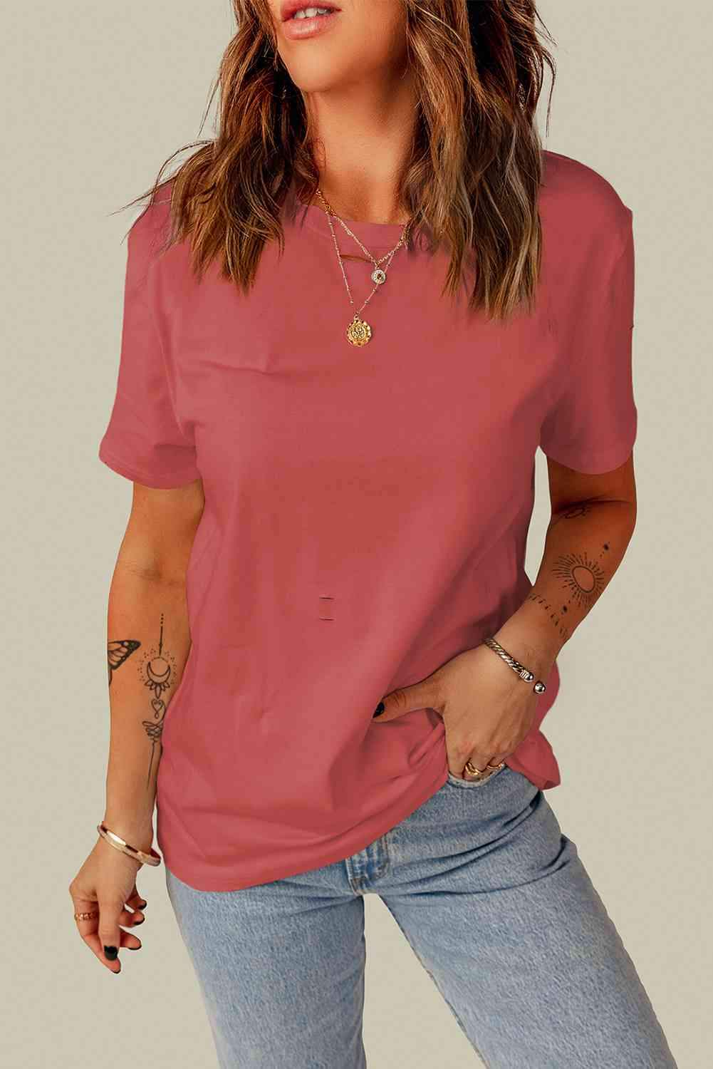 Distressed Round Neck Tee Rouge Pink Women's T-Shirts - Tophatter Daily Deals