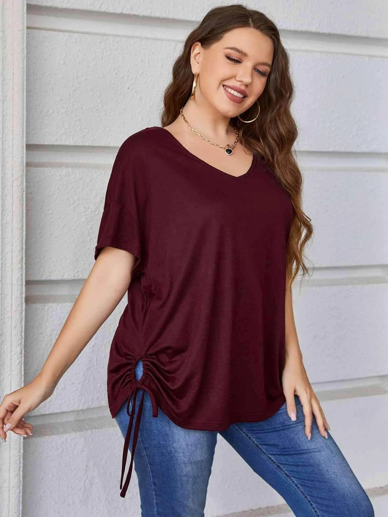 Plus Size Drawstring V-Neck Short Sleeve Blouse Blouses - Tophatter Daily Deals