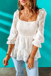 Applique Flounce Sleeve Smocked Peplum Top Beige 2XL Blouses - Tophatter Daily Deals