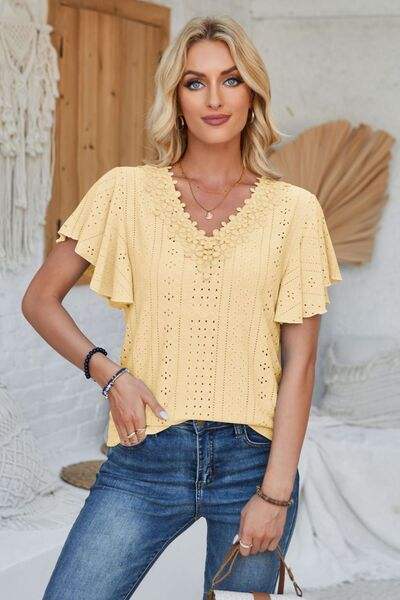 Eyelet Applique V-Neck Cap Sleeve T-Shirt Women's T-Shirts - Tophatter Daily Deals