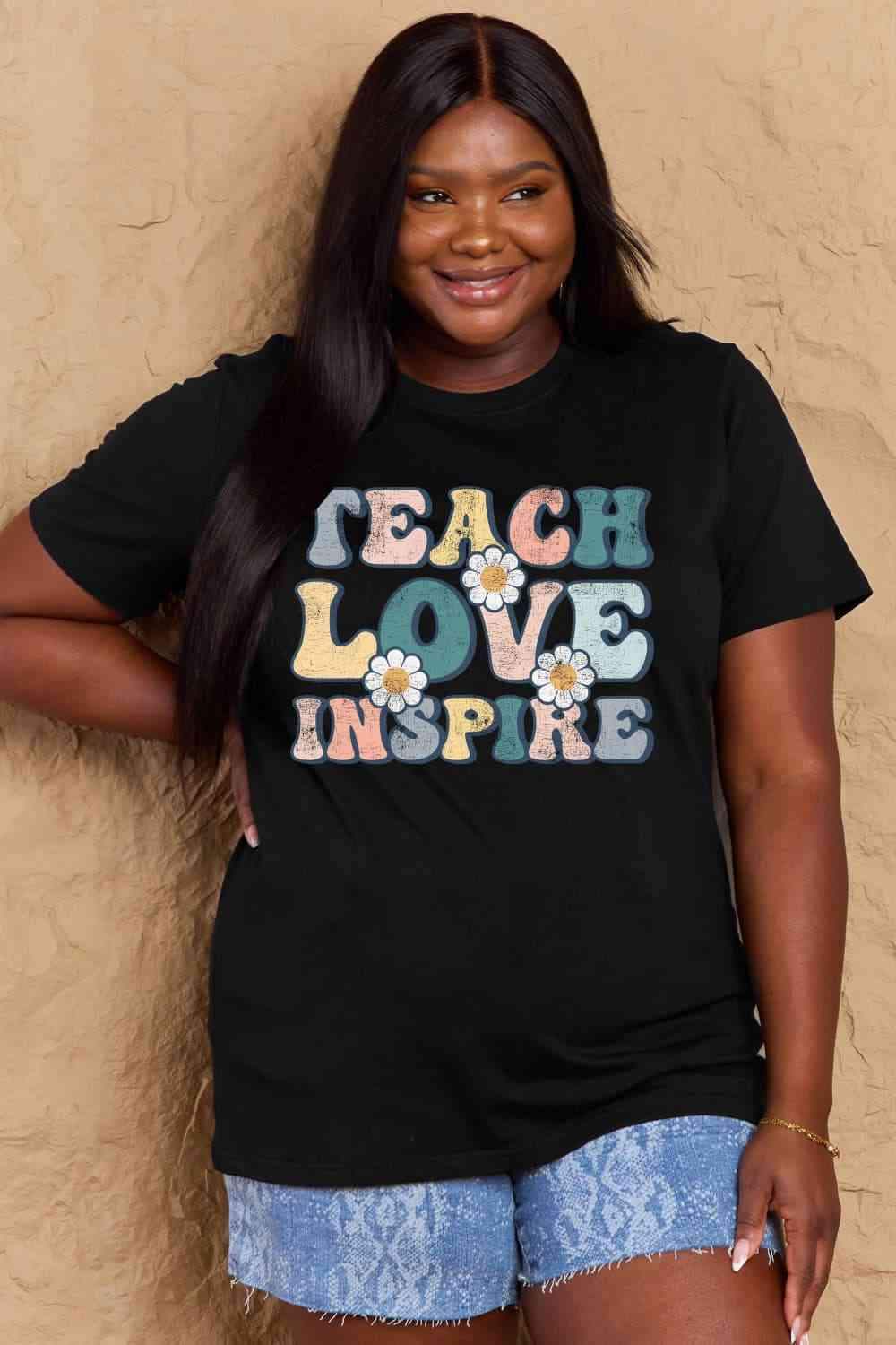 Simply Love Full Size TEACH LOVE INSPIRE Graphic Cotton T-Shirt Women's T-Shirts - Tophatter Daily Deals