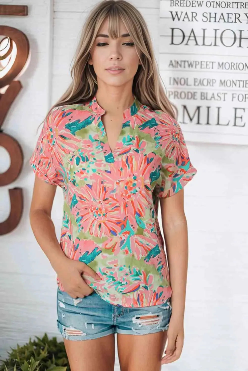 Floral Notched Neck Short Sleeve Top Blouses - Tophatter Daily Deals