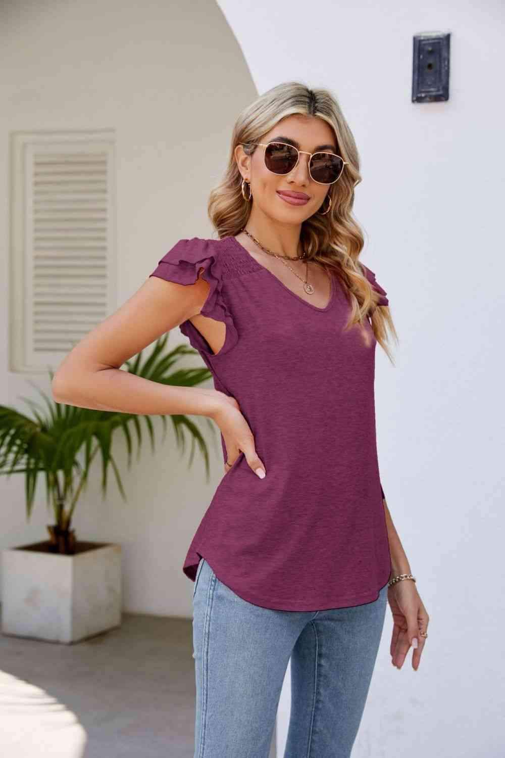 Smocked Flutter Sleeve V-Neck Top Blouses - Tophatter Daily Deals