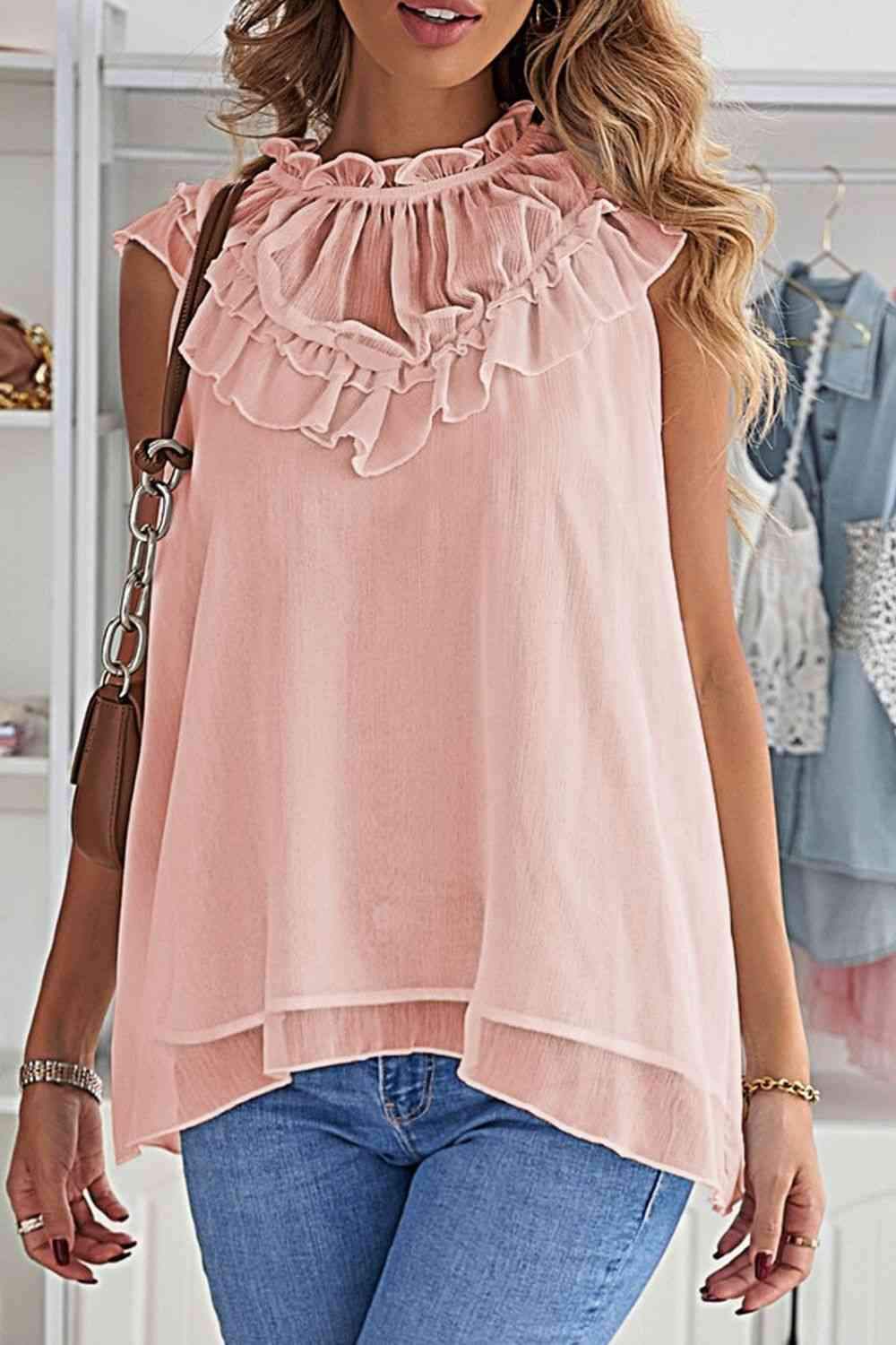 Ruffled Tulle Sleeveless Top Peach Blouses - Tophatter Daily Deals