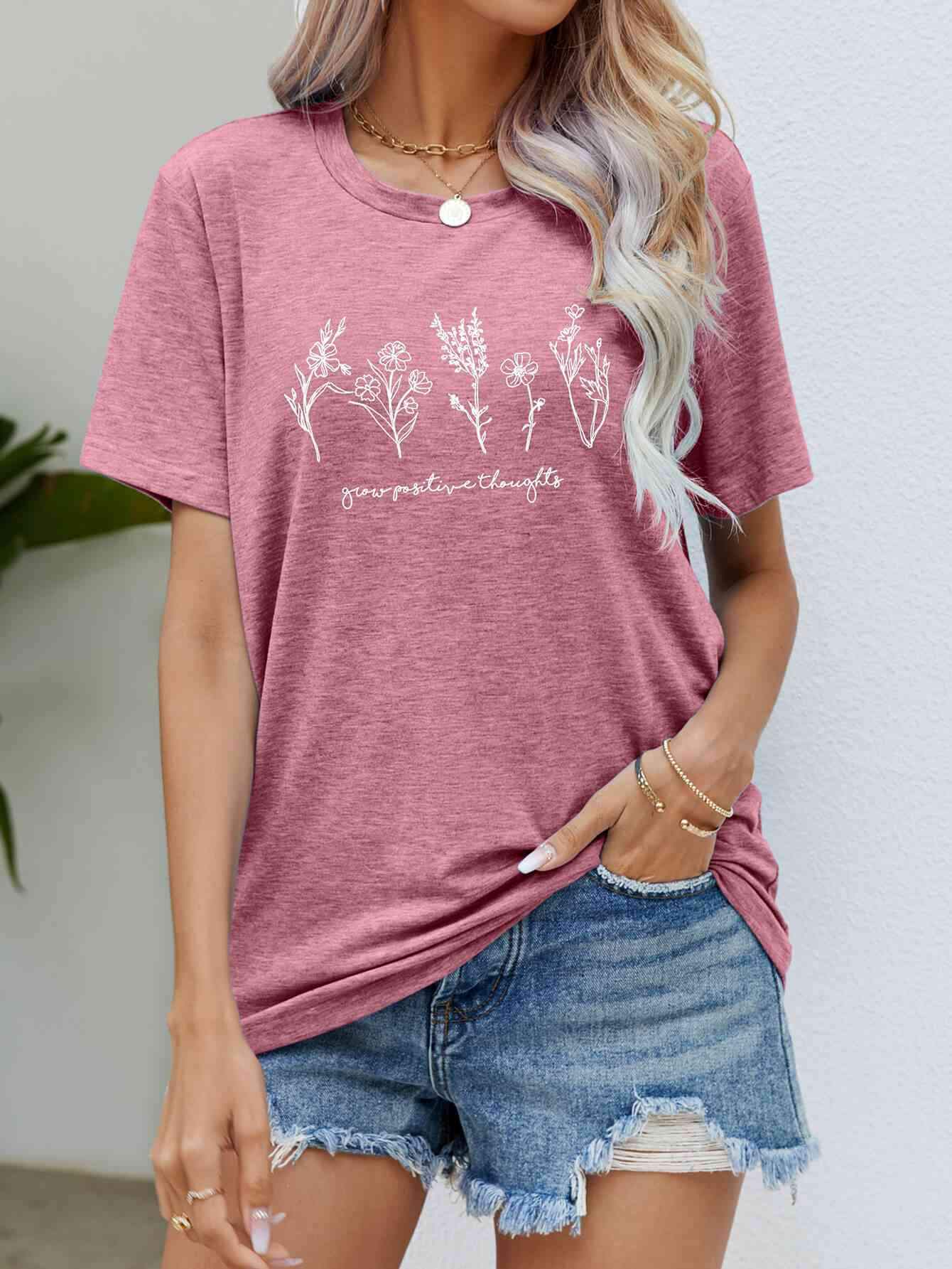 Graphic Round Neck Short Sleeve Tee Rouge Pink Women's T-Shirts - Tophatter Daily Deals