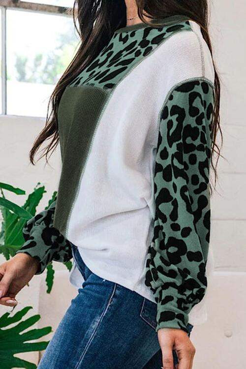 Leopard Color Block Exposed Seam Blouse Blouses - Tophatter Daily Deals