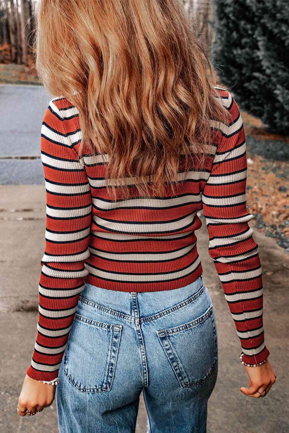 Double Take Striped Round Neck Long Sleeve Top Blouses - Tophatter Daily Deals