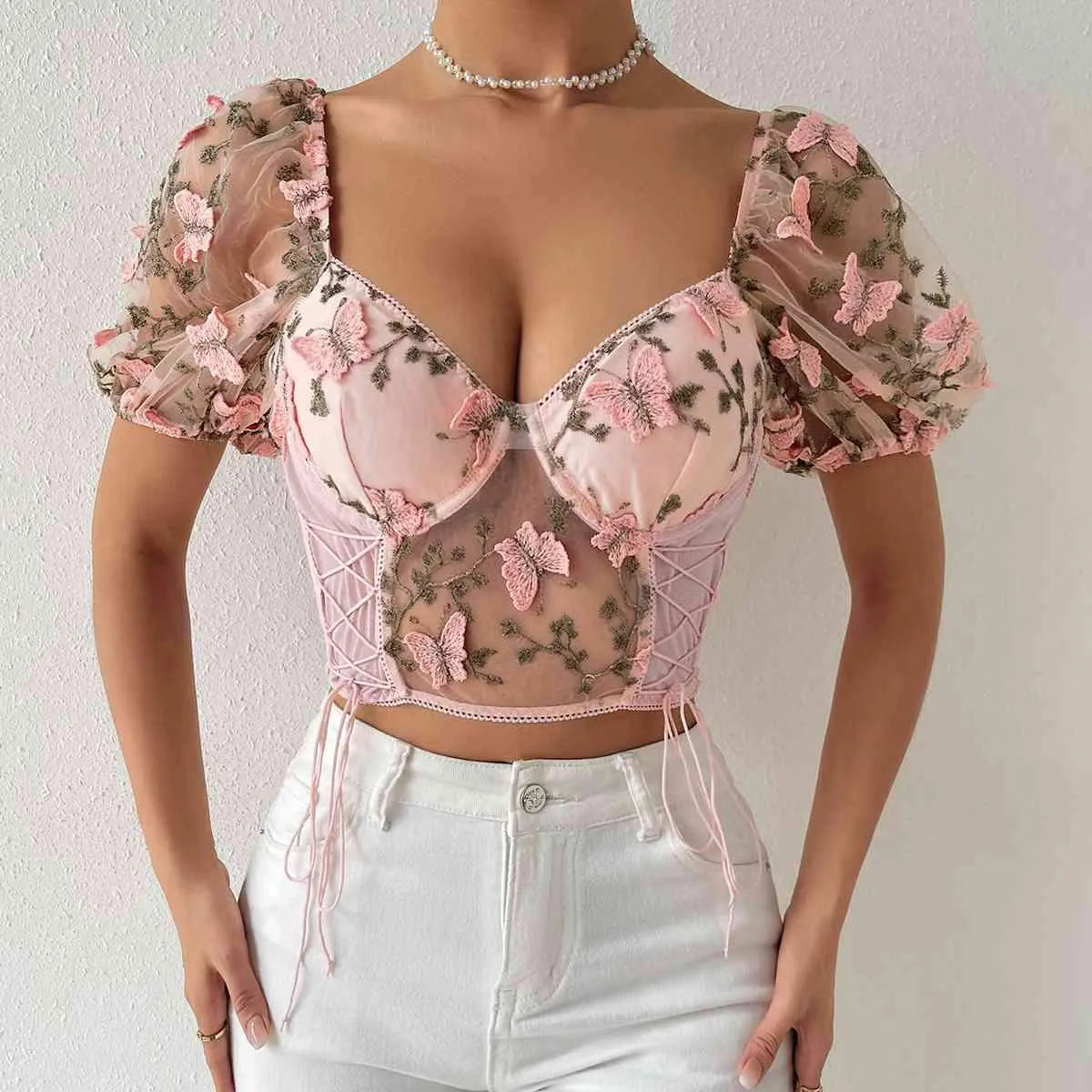 Embroidery Sweetheart Neck Short Sleeve Lace Trim Blouse Blouses - Tophatter Daily Deals