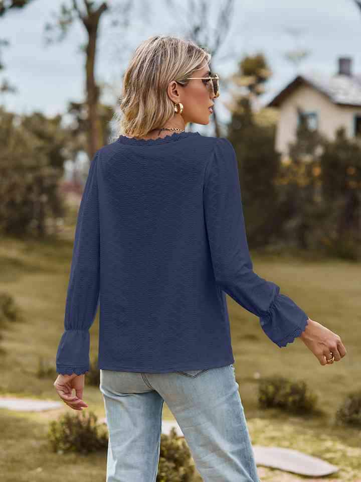 V-Neck Flounce Sleeve Blouse Blouses - Tophatter Daily Deals