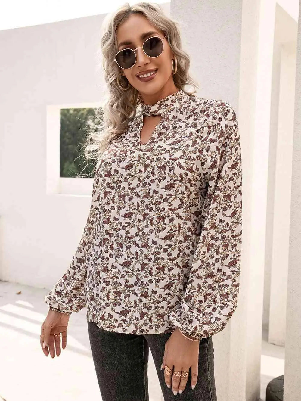 Floral Print Long Sleeve Mock Neck Blouse Blouses - Tophatter Daily Deals