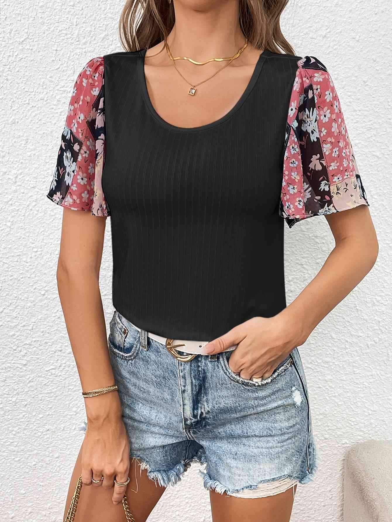 Printed Puff Sleeve Round Neck Tee Women's T-Shirts - Tophatter Daily Deals