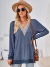 Crochet Contrast V-Neck Long Sleeve Slit T-Shirt Women's T-Shirts - Tophatter Daily Deals