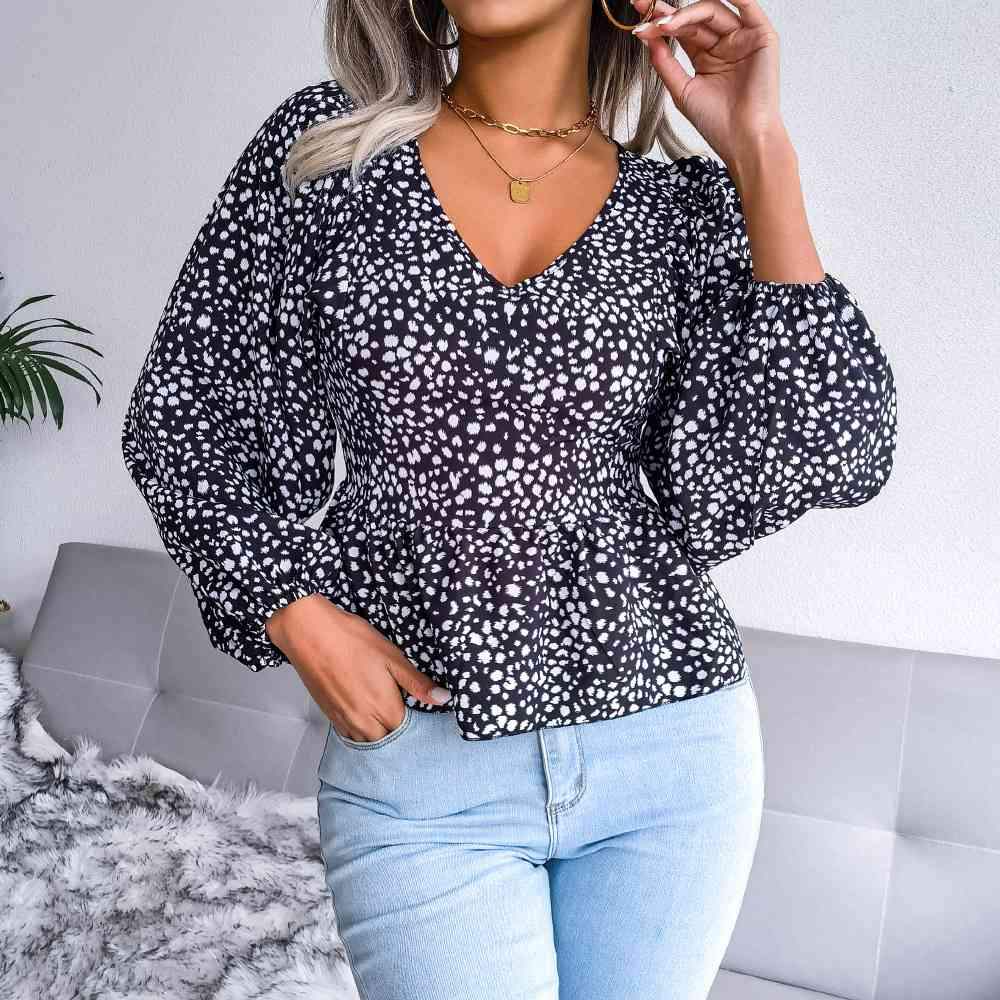 Printed Balloon Sleeve Peplum Blouse Black Blouses - Tophatter Daily Deals