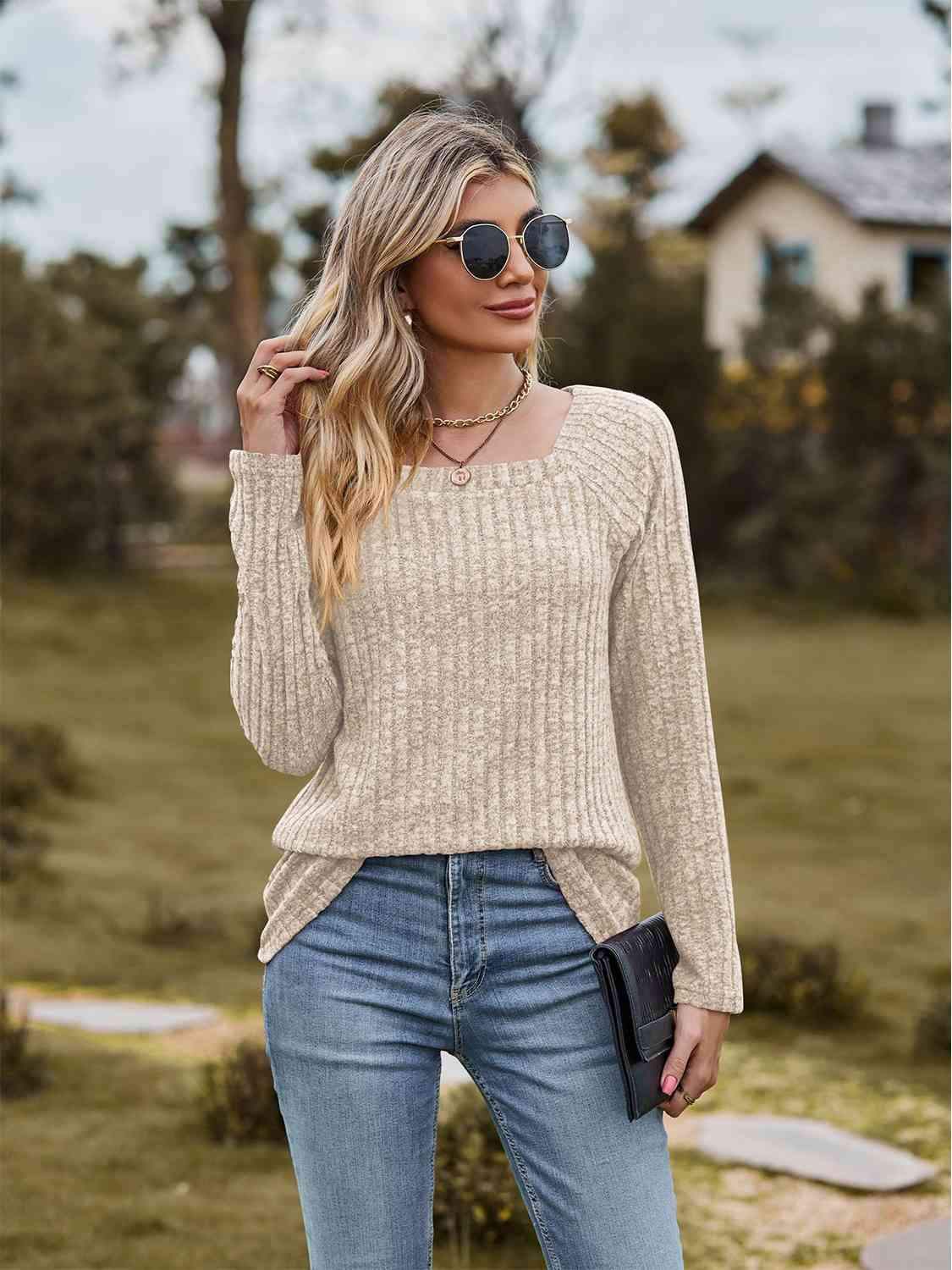 Full Size Ribbed Square Neck Long Sleeve T-Shirt Women's T-Shirts - Tophatter Daily Deals