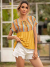 Striped Tie Neck Short Sleeve Blouse Mustard Blouses - Tophatter Daily Deals