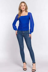 ACTIVE BASIC Square Neck Mesh Long Sleeve Shirring Top Blouses - Tophatter Daily Deals