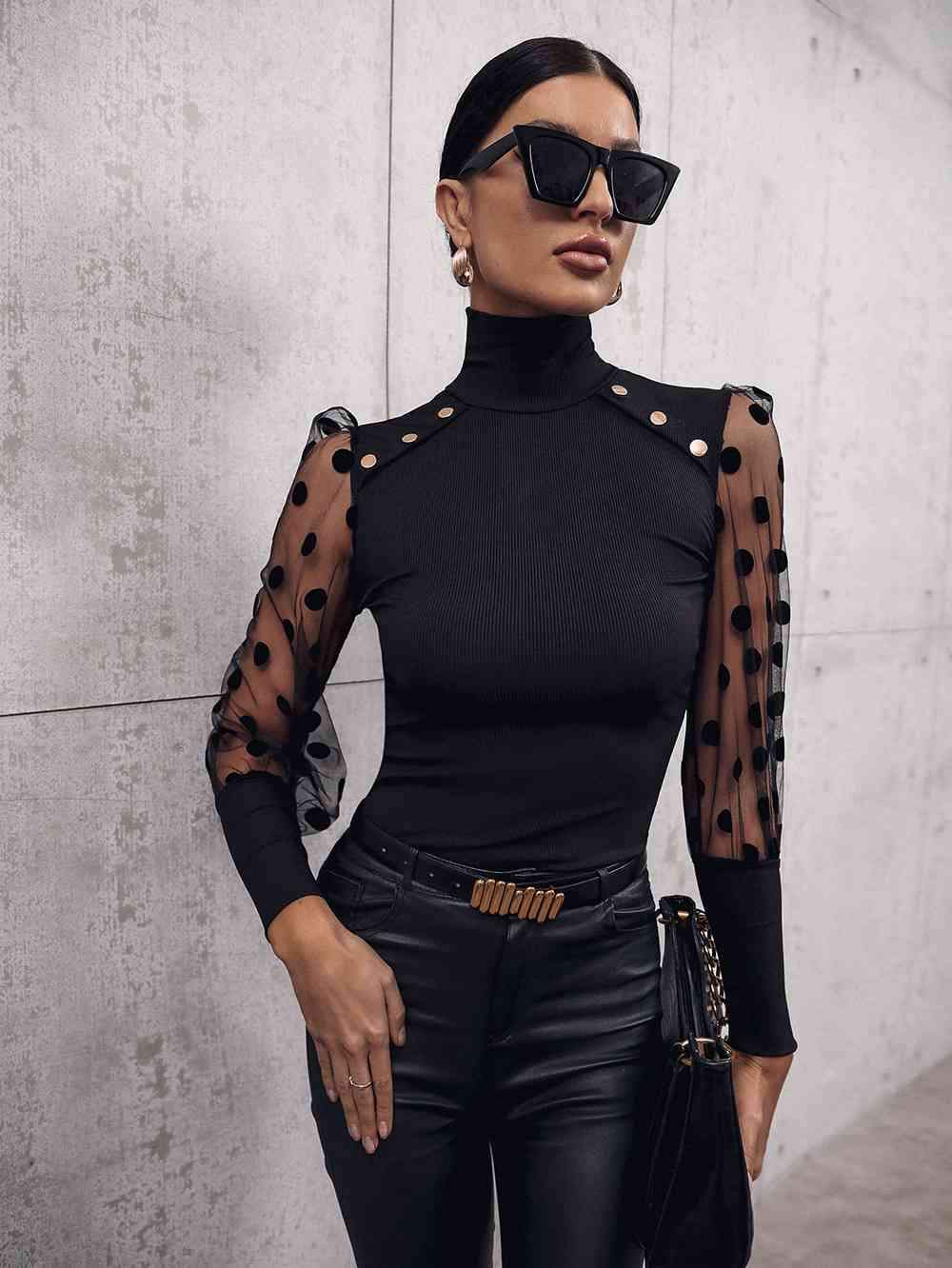 Buttoned Lantern Sleeve Turtle Neck Blouse Blouses - Tophatter Daily Deals