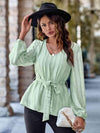 V-Neck Tie Waist Long Sleeve Blouse Blouses - Tophatter Daily Deals