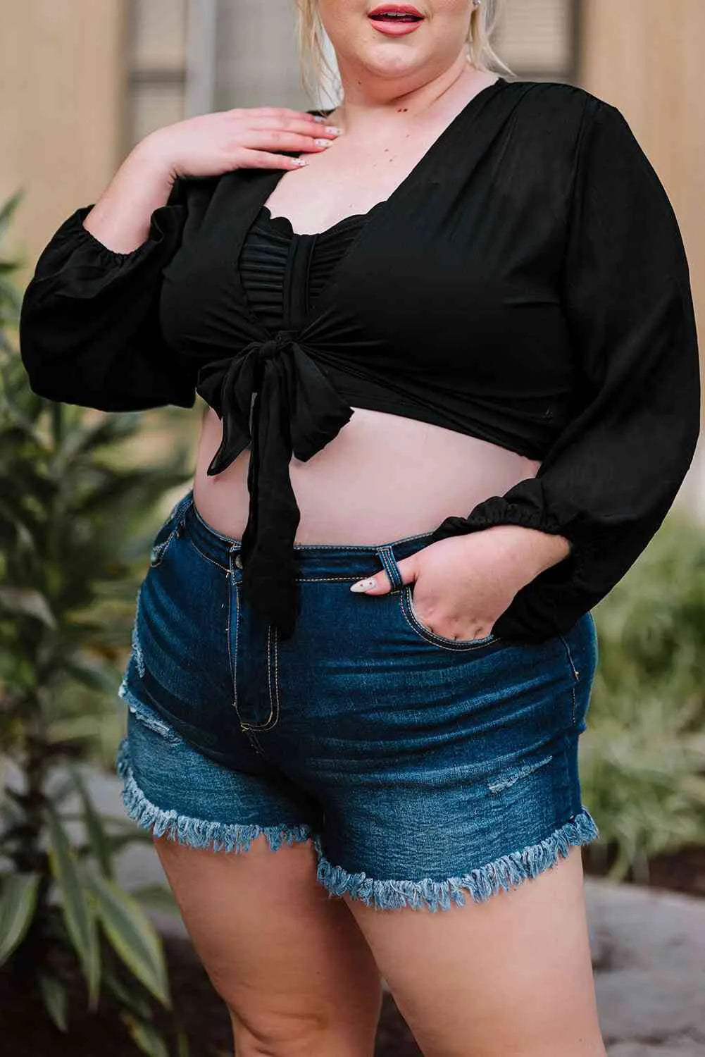 Plus Size Tie Front Crop Top Blouses - Tophatter Daily Deals