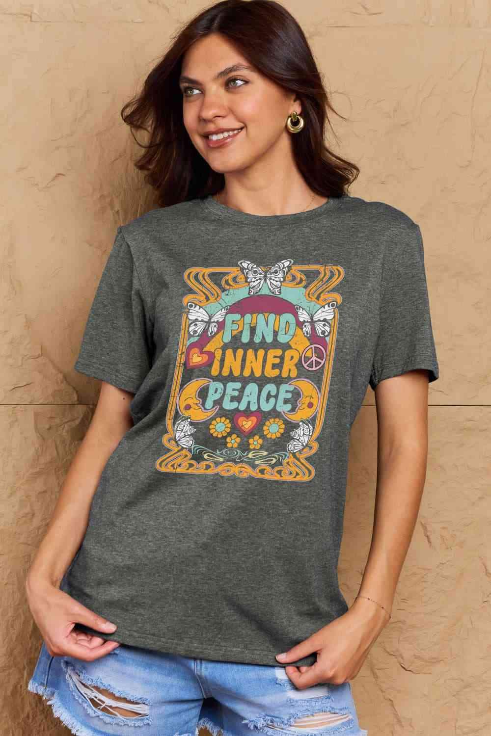 Simply Love Full Size FIND INNER PEACE Graphic Cotton T-Shirt Women's T-Shirts - Tophatter Daily Deals