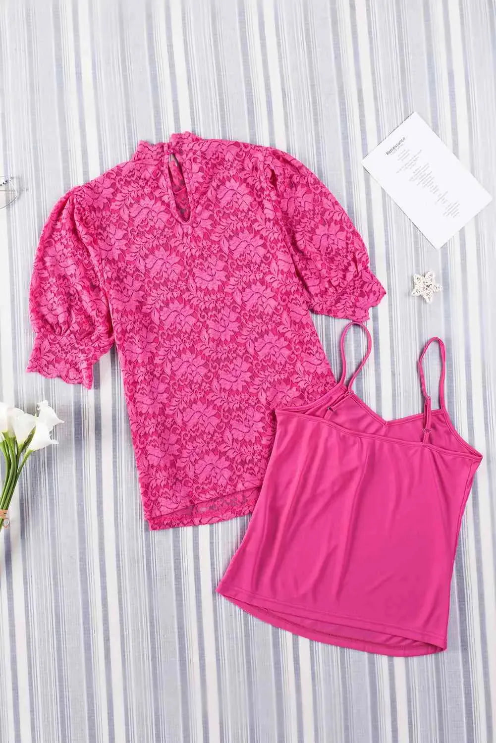 Lace Scalloped Short Puff Sleeve Top Blouses - Tophatter Daily Deals