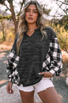 Plaid Notched Neck Top Black Blouses - Tophatter Daily Deals