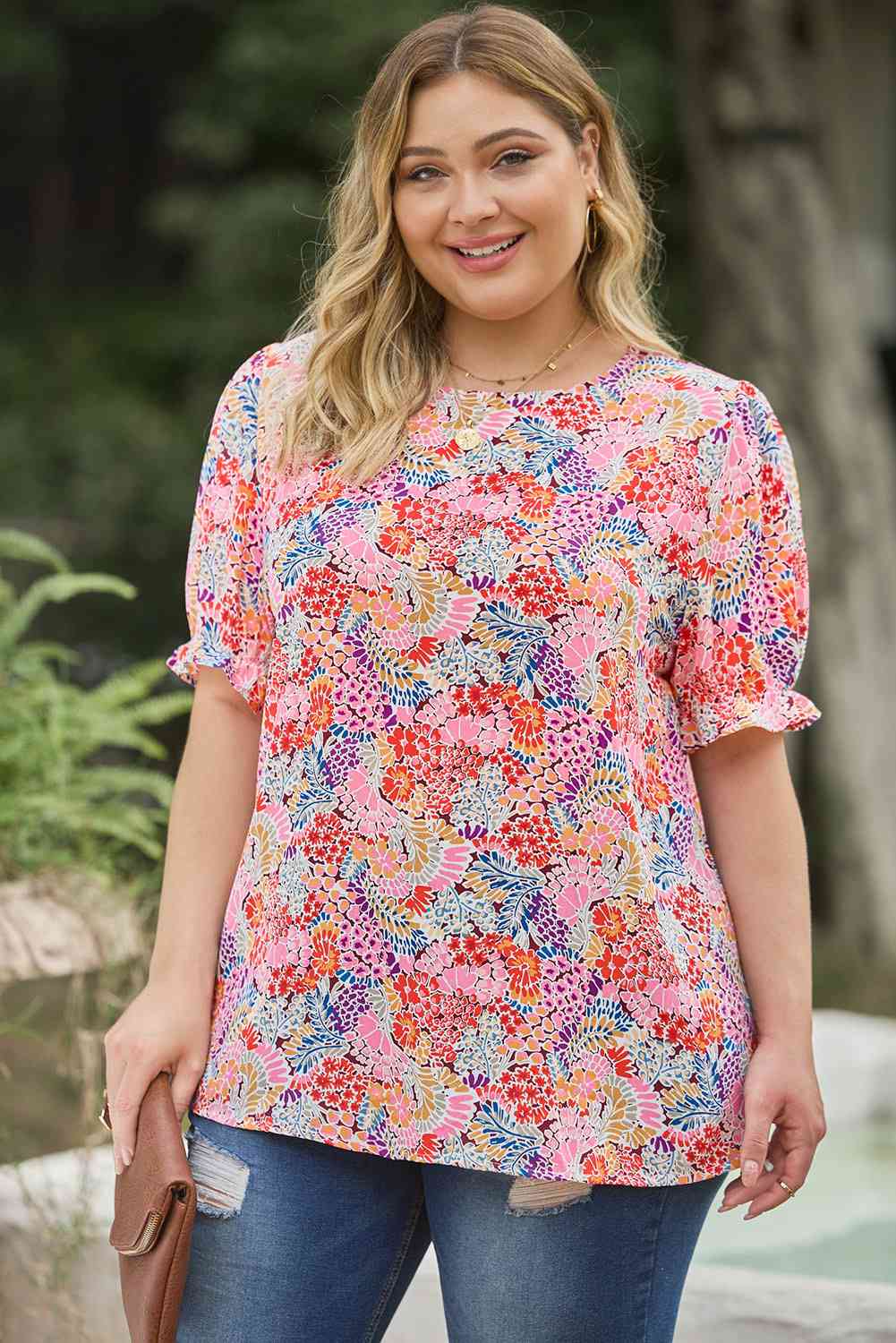 Plus Size Multicolored Round Neck Flounce Sleeve Blouse - Tophatter Deals