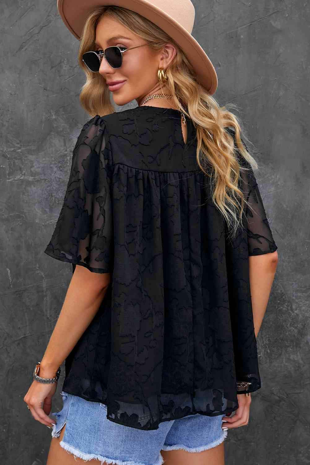 Round Neck Puff Sleeve Blouse Blouses - Tophatter Daily Deals