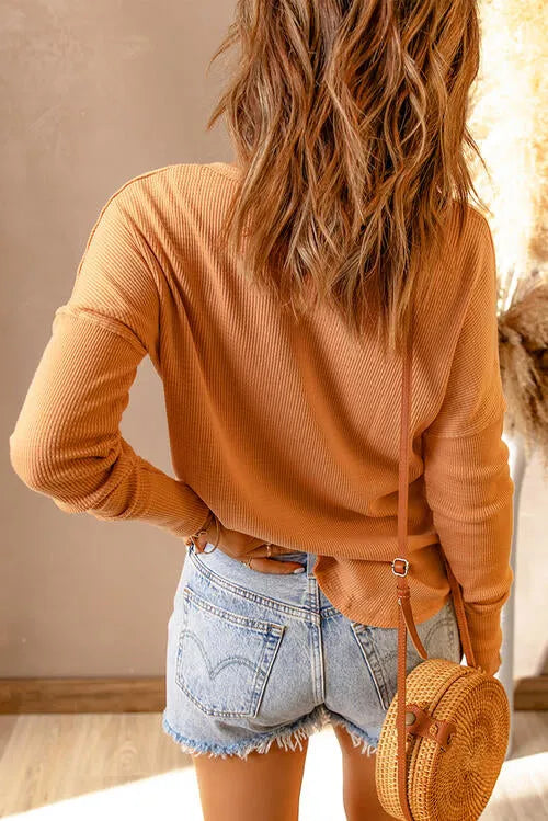 Waffle Knit Henley Long Sleeve Top Blouses - Tophatter Daily Deals