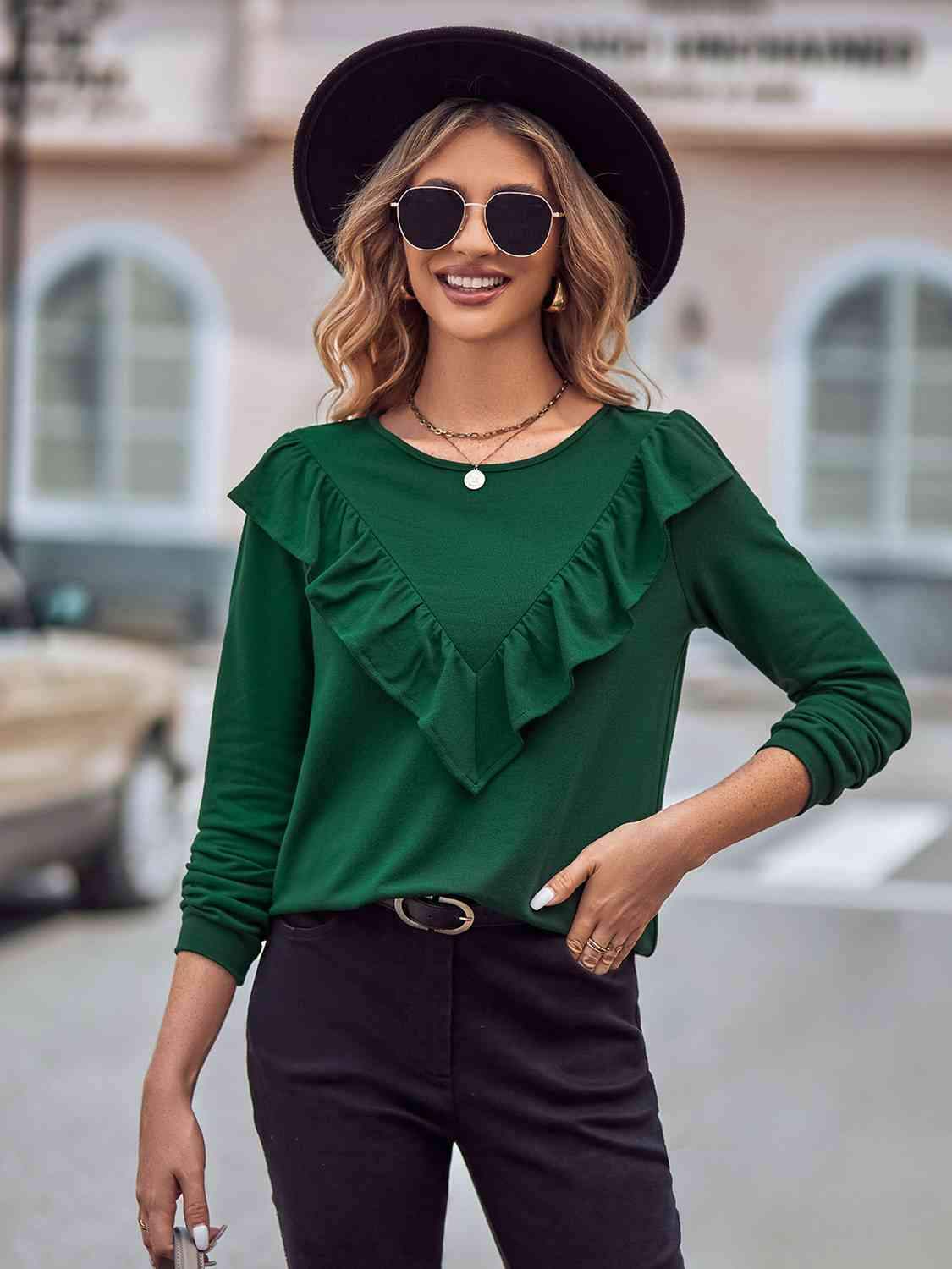 Ruffled Round Neck Long Sleeve Top Blouses - Tophatter Daily Deals