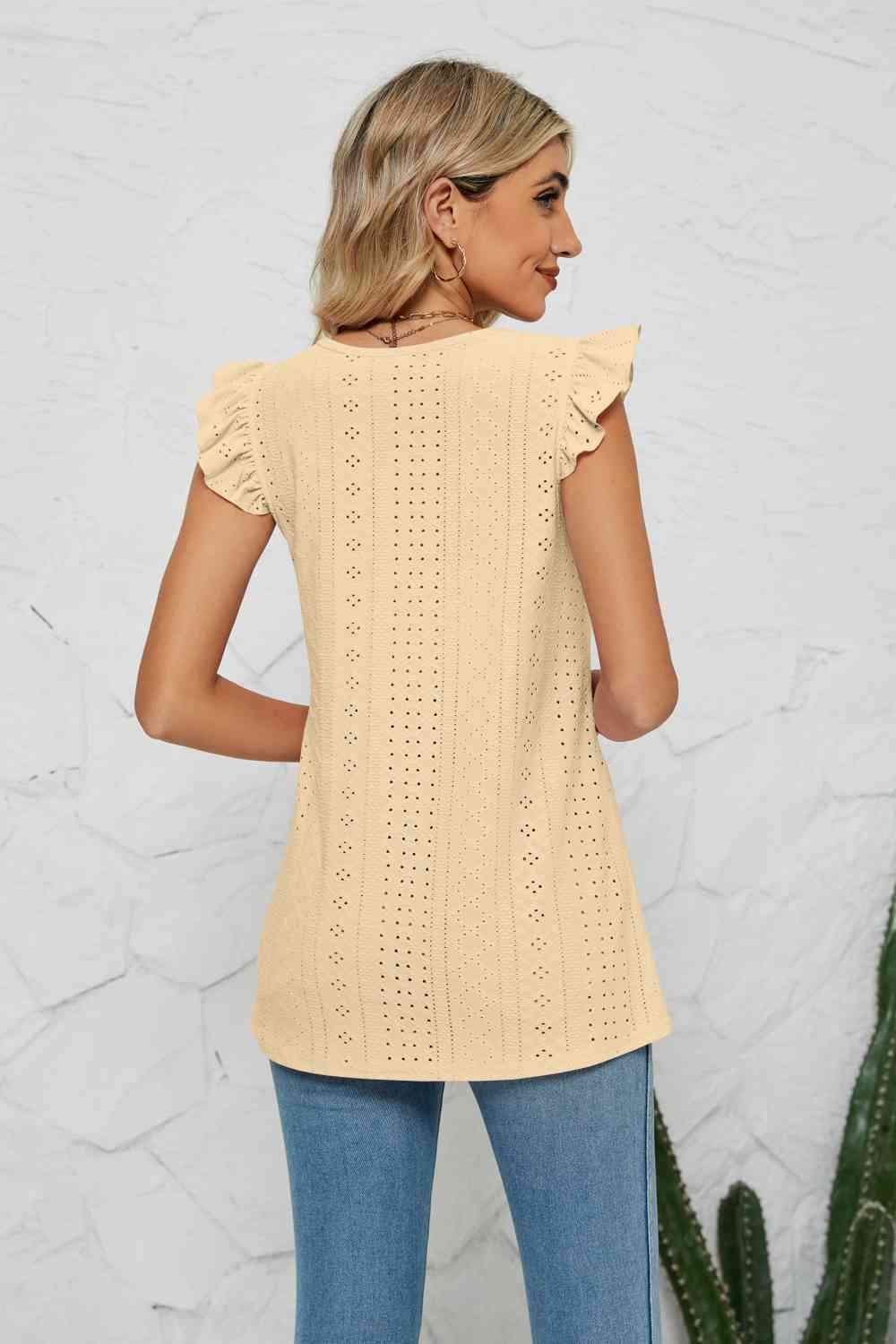 Smocked Round Neck Eyelet Top Blouses - Tophatter Daily Deals