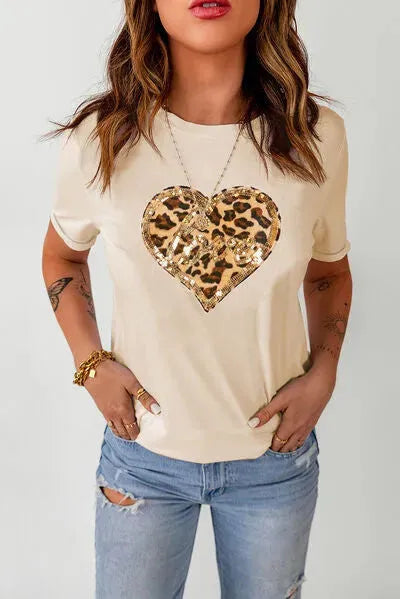 Heart Leopard Sequin Short Sleeve T-Shirt Cream Women's T-Shirts - Tophatter Daily Deals