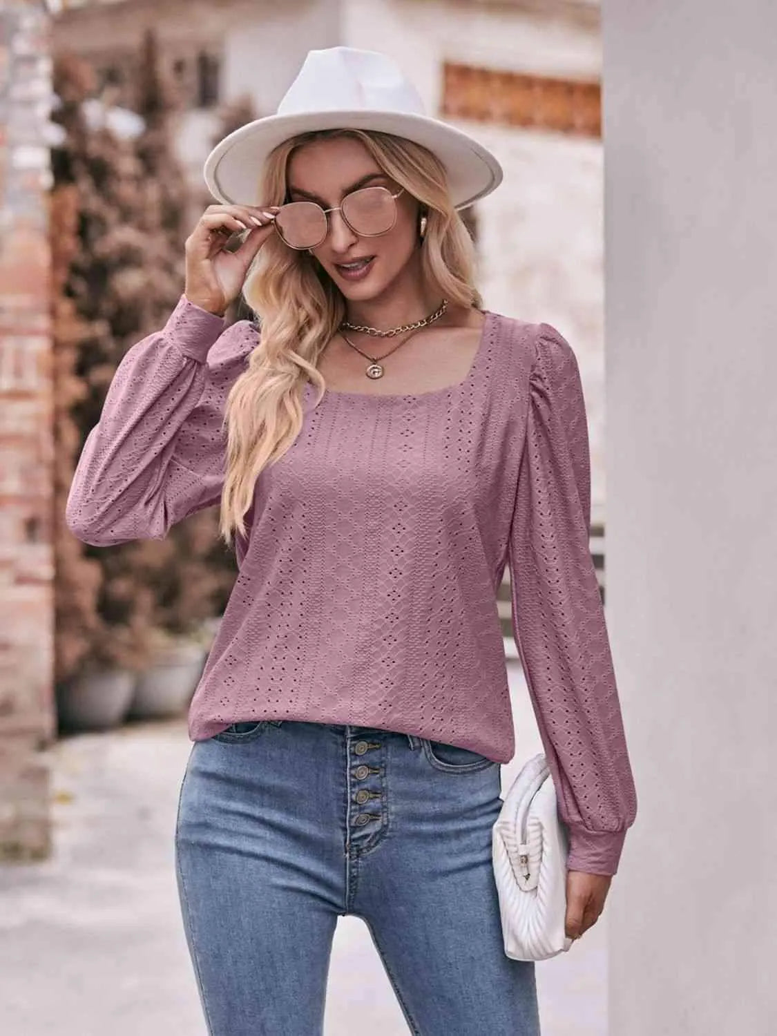 Double Take Eyelet Square Neck Puff Sleeve Blouse Blouses - Tophatter Daily Deals