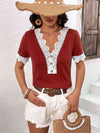 Decorative Button Spliced Lace Short Sleeve Top Wine Blouses - Tophatter Daily Deals