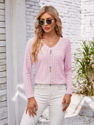 Decorative Button Openwork V-Neck T-Shirt Blush Pink Women's T-Shirts - Tophatter Daily Deals