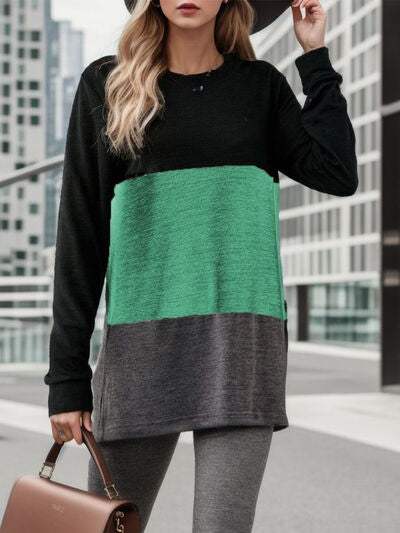 Color Block Long Sleeve T-Shirt Mid Green Women's T-Shirts - Tophatter Daily Deals