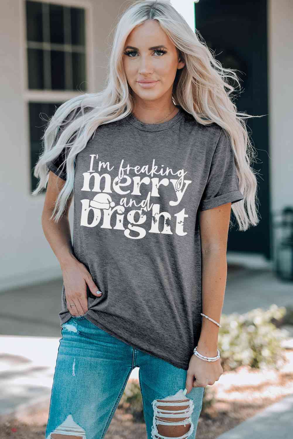 Slogan Graphic Round Neck T-Shirt Charcoal Women's T-Shirts - Tophatter Daily Deals