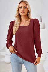 Square Neck Puff Sleeve T-Shirt Wine Women's T-Shirts - Tophatter Daily Deals